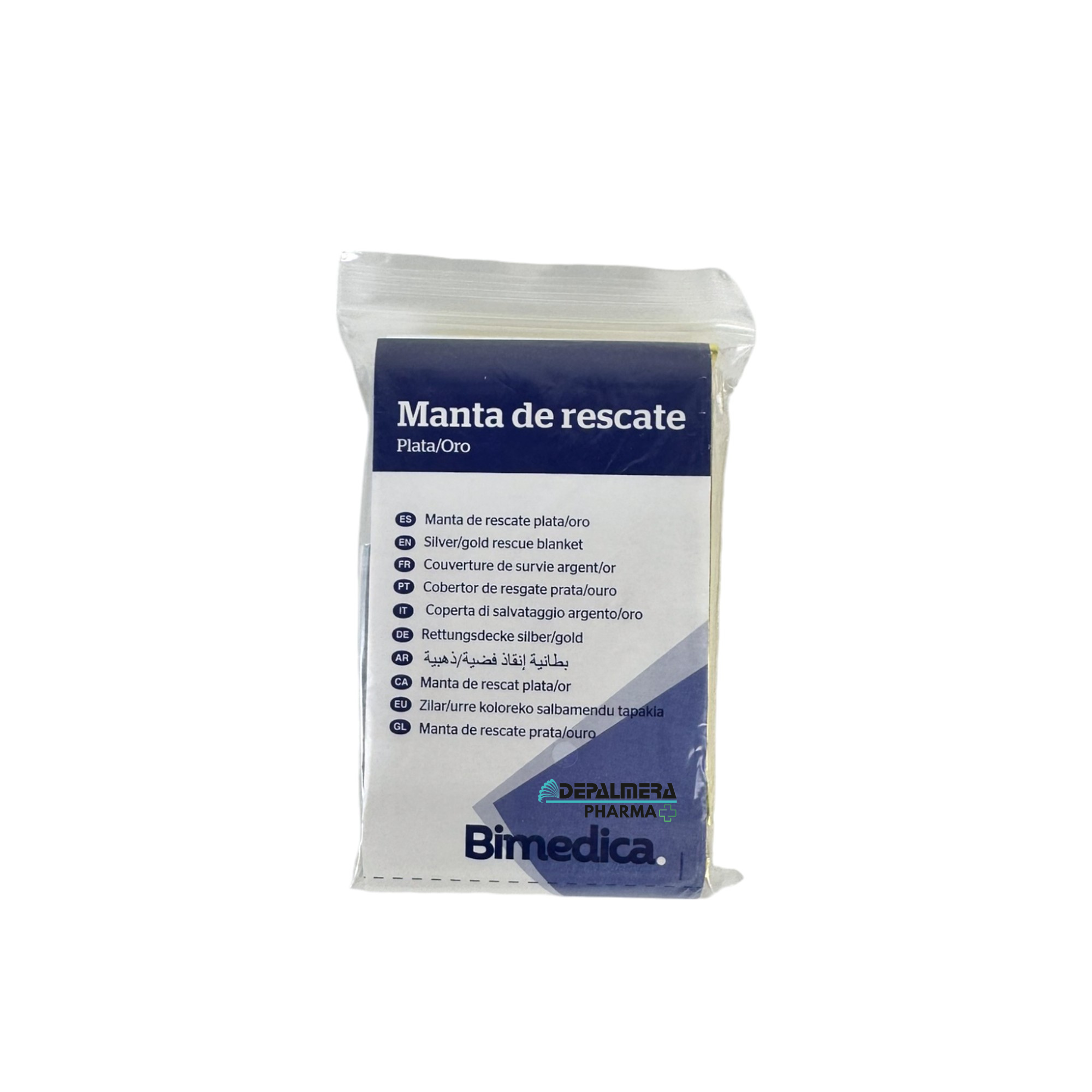 Manta térmica de rescate dorada y plateada, diseñada para conservar el calor corporal en situaciones de emergencia
