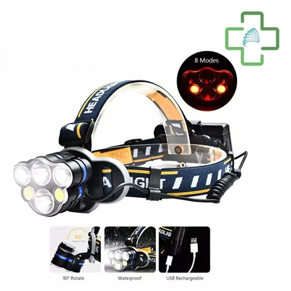 Linterna Frontal Renfe Led Recargable - 6 Focos T6 + XPE + COB, Rojo