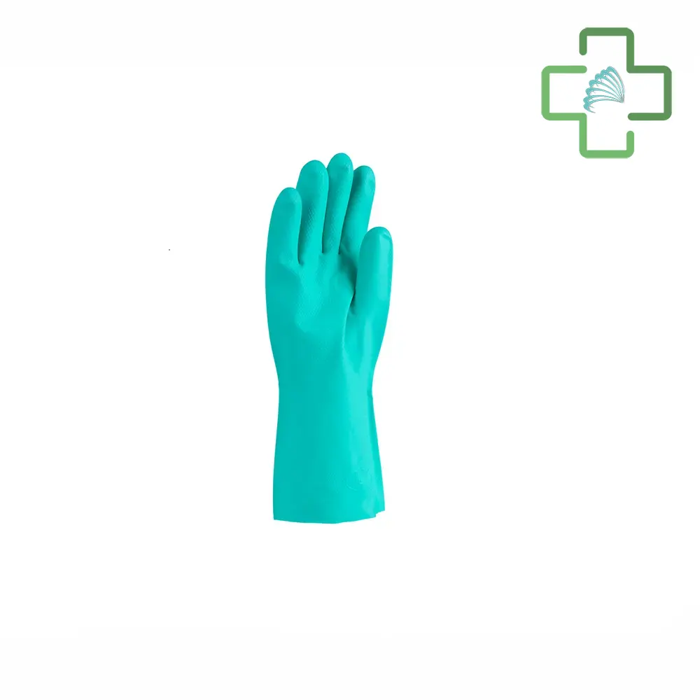 Guante reutilizable de nitrilo flocado verde antideslizante