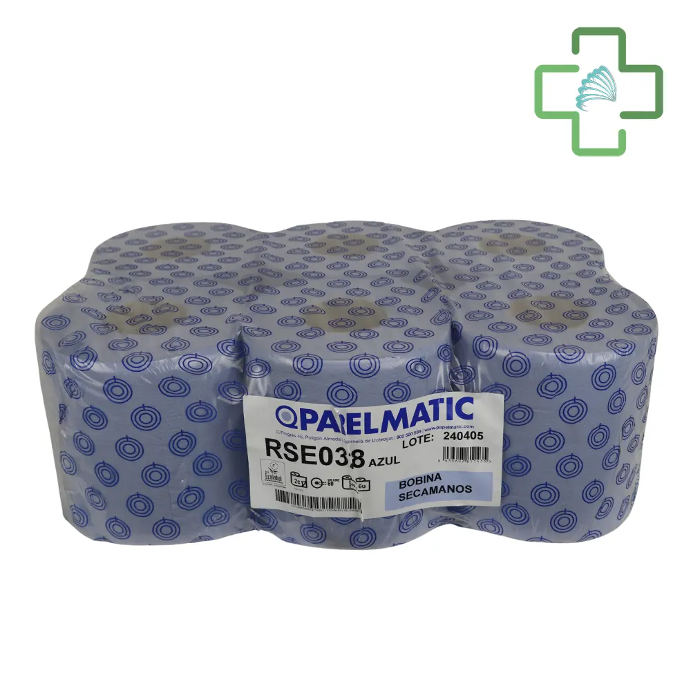 Bobinas de Papel de Manos Azul - Papel Reciclado 2 Capas, 150m, Paquete de 6 Rollos