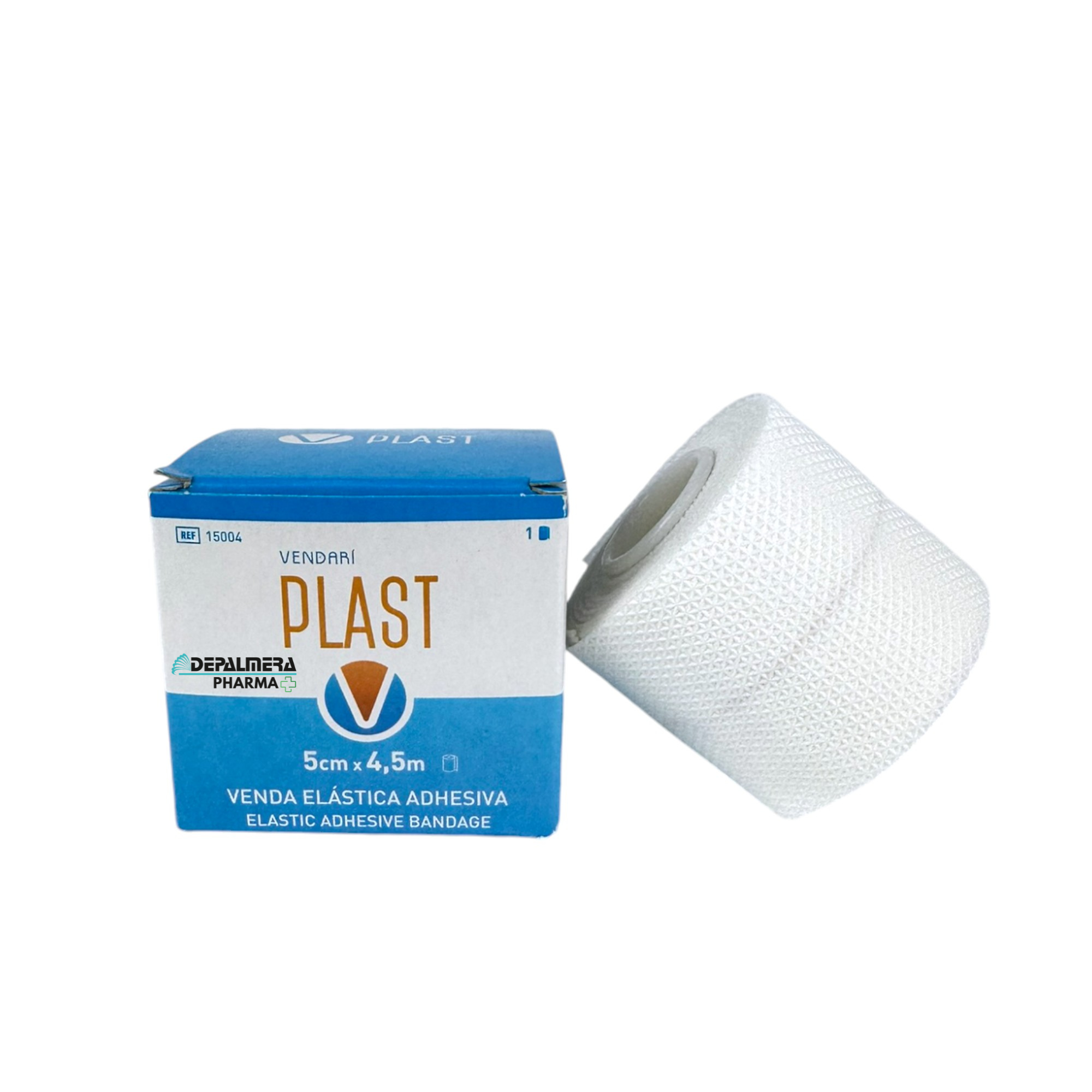 Venda elástica adhesiva Plast en rollo, disponible en tamaños de 5 cm, 7,5 cm y 10 cm de ancho por 4,5 metros de largo, ideal para vendajes de sujeción y soporte.
