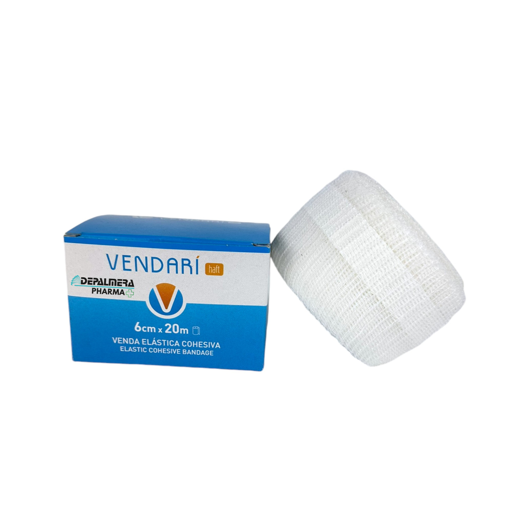 Venda elástica cohesiva Vendari Haft en rollo, disponible en tamaños de 6 cm, 8 cm y 12 cm de ancho por 20 m de longitud, ideal para vendajes de soporte y compresión