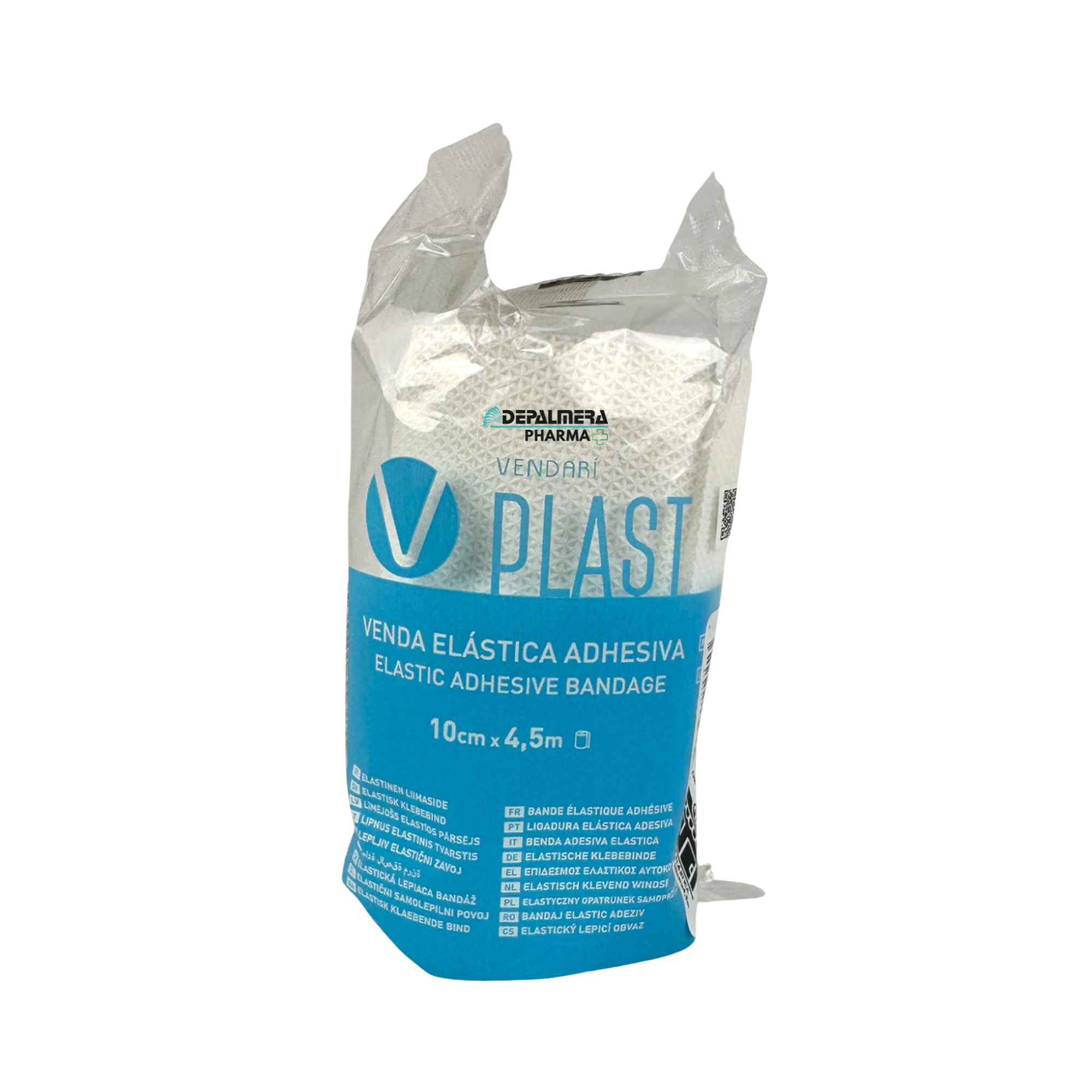 Venda elástica adhesiva Plast en rollo, disponible en tamaños de 5 cm, 7,5 cm y 10 cm de ancho por 4,5 metros de largo, ideal para vendajes de sujeción y soporte.