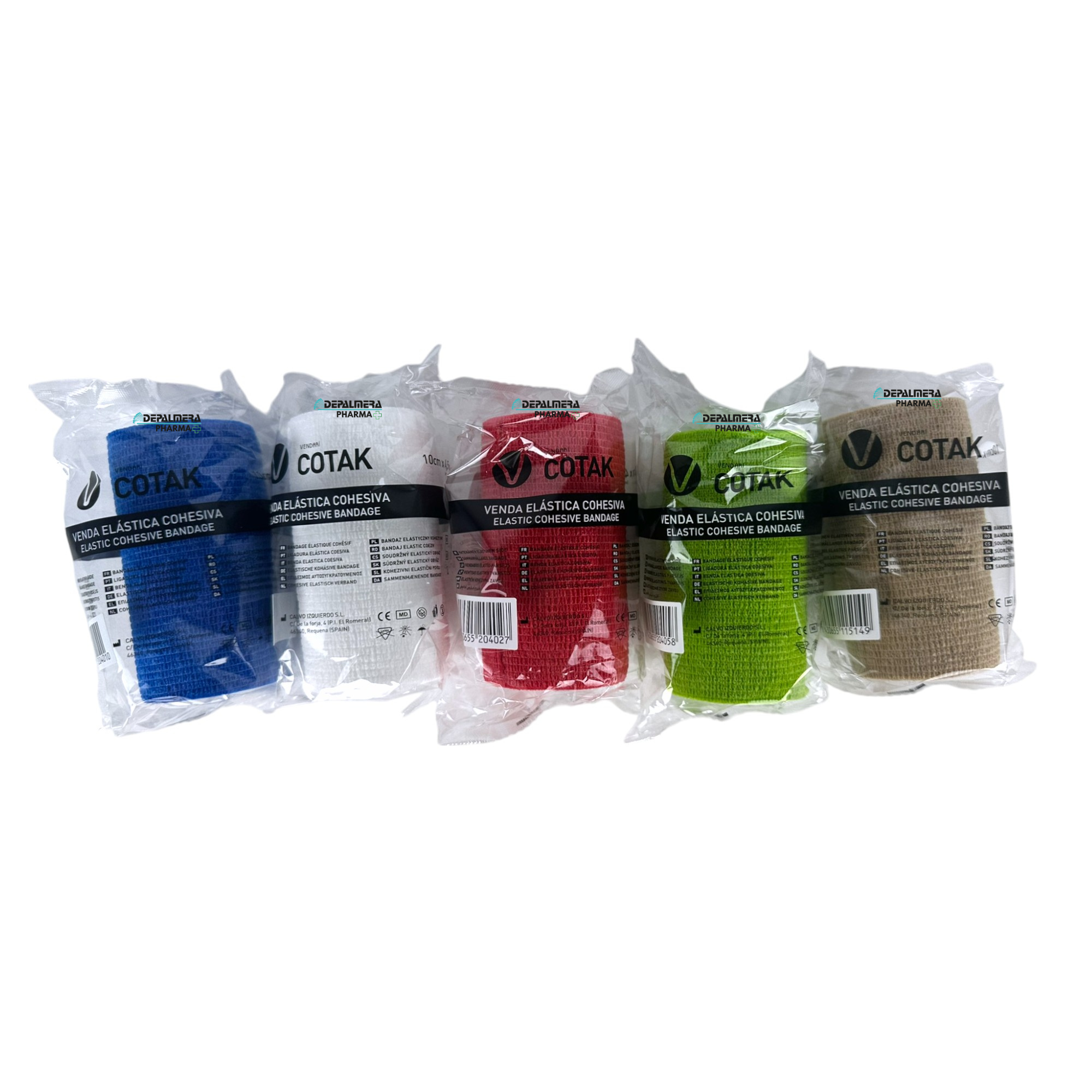 Venda cohesiva Cotak sin látex de 10 cm x 4,5 m en colores beige, azul, verde, rojo y blanco, ideal para soporte y protección