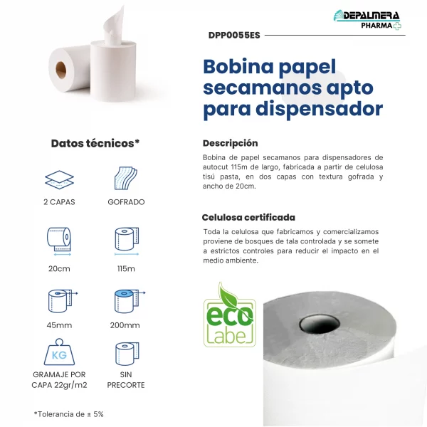 Rollo de papel pasta para manos autocorte, 115 metros, 2 capas