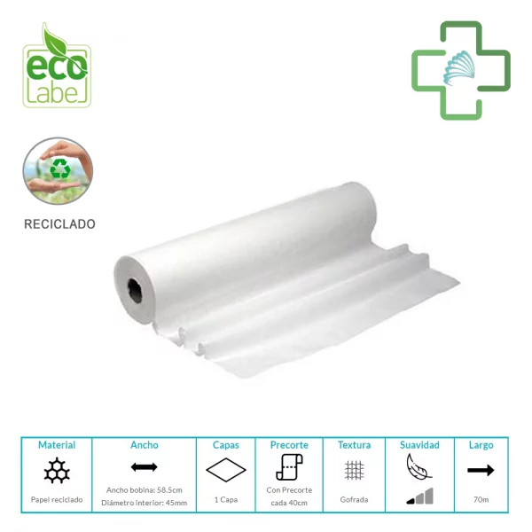 Papel para Camilla Crepado Reciclado - 1 Capa, 70m, Ancho 58,5cm