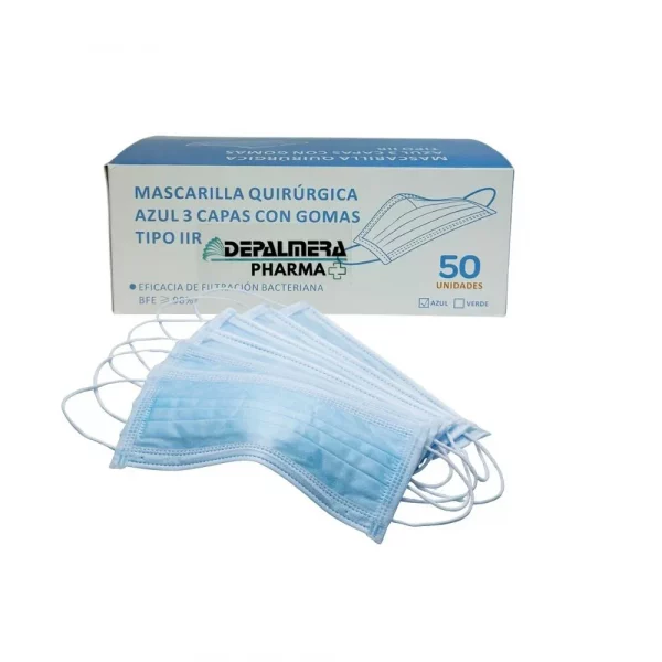 Mascarilla quirúrgica azul 3 capas Tipo IIR con gomas 50 uds