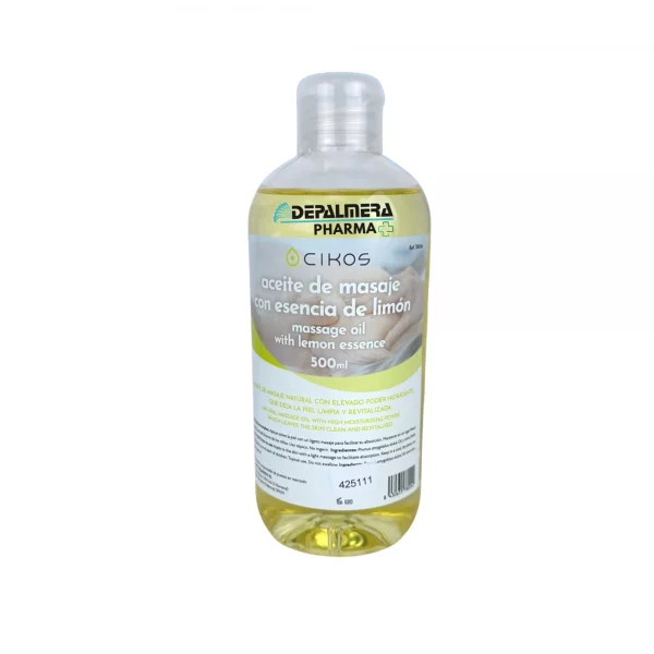 Aceite de masaje de limón en envase de 0,5L, ideal para hidratación y relajación muscular