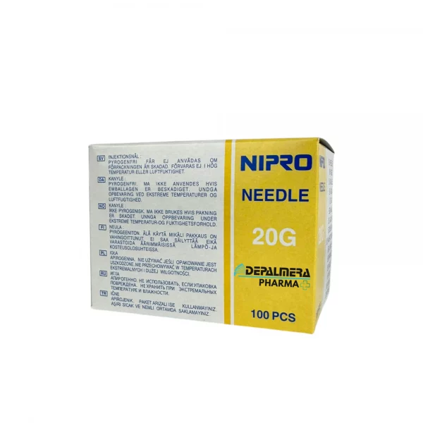 Aguja hipodérmica 20G 25mm amarilla, caja de 100 unidades, ideal para aplicaciones médicas.
