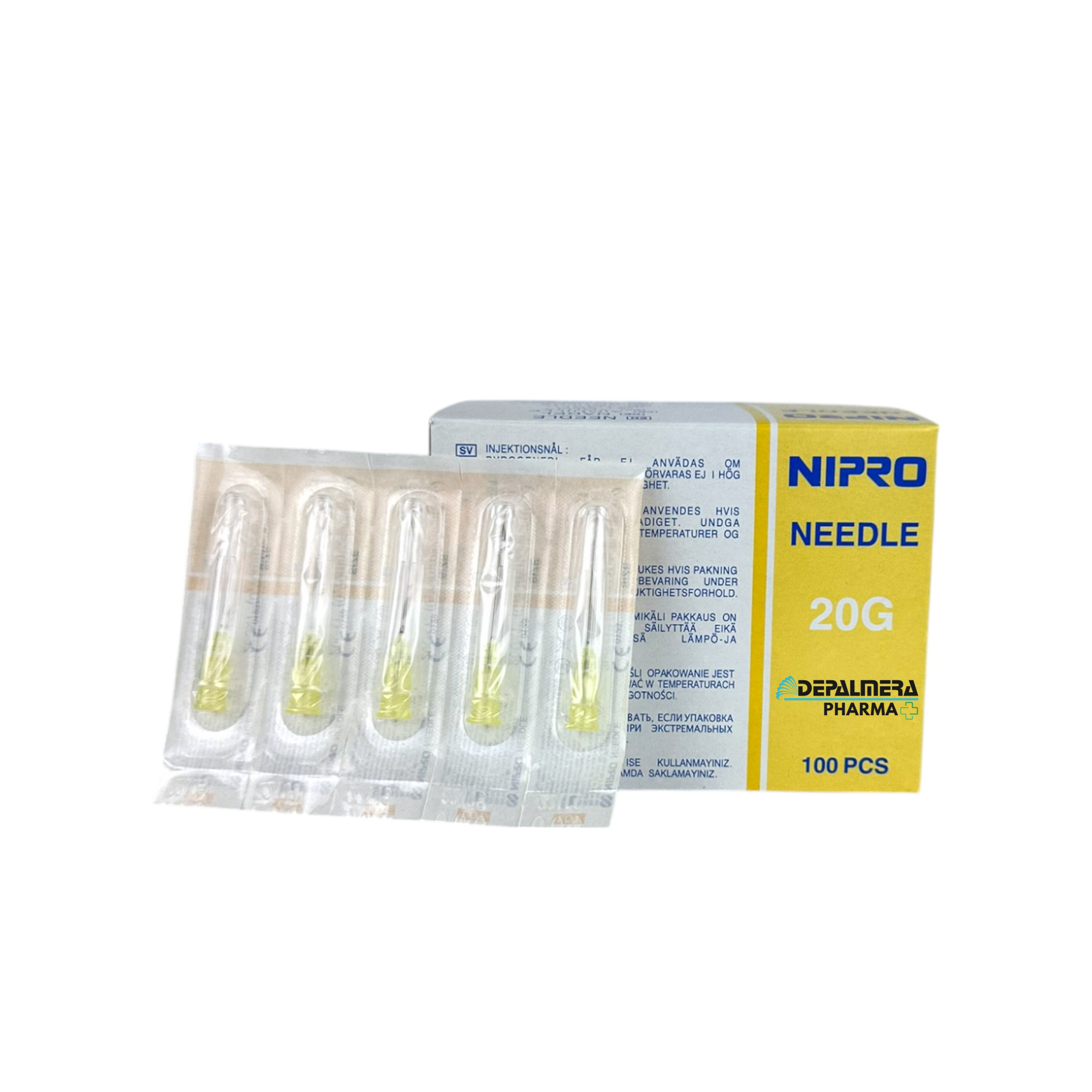 Aguja hipodérmica 20G 25mm amarilla, caja de 100 unidades, ideal para aplicaciones médicas.
