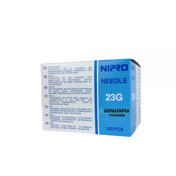 Agujas hipodérmicas 23G de 25mm color azul, estériles y de un solo uso, presentadas en caja de 100 unidades.
