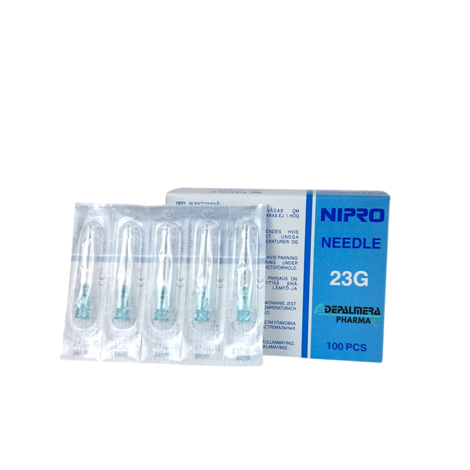 Agujas hipodérmicas 23G de 25mm color azul, estériles y de un solo uso, presentadas en caja de 100 unidades.