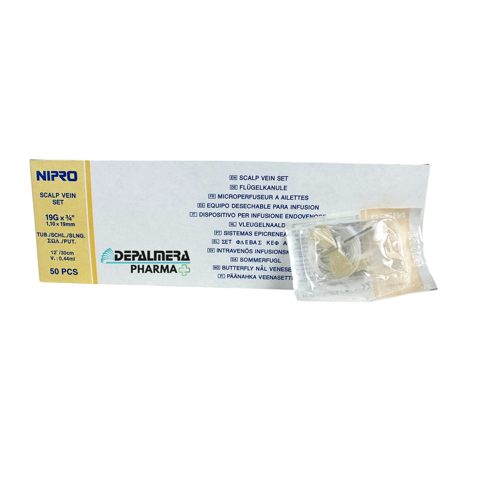 Palomilla 19G 19mm Amarilla 50 Uds, ideal para uso médico.