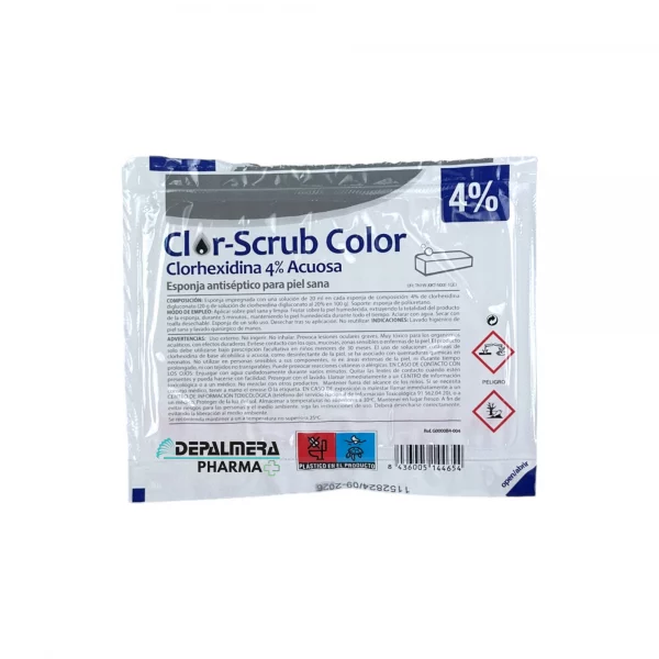Esponja impregnada con clorhexidina al 4% en envase de 20ml, ideal para desinfección de la piel.