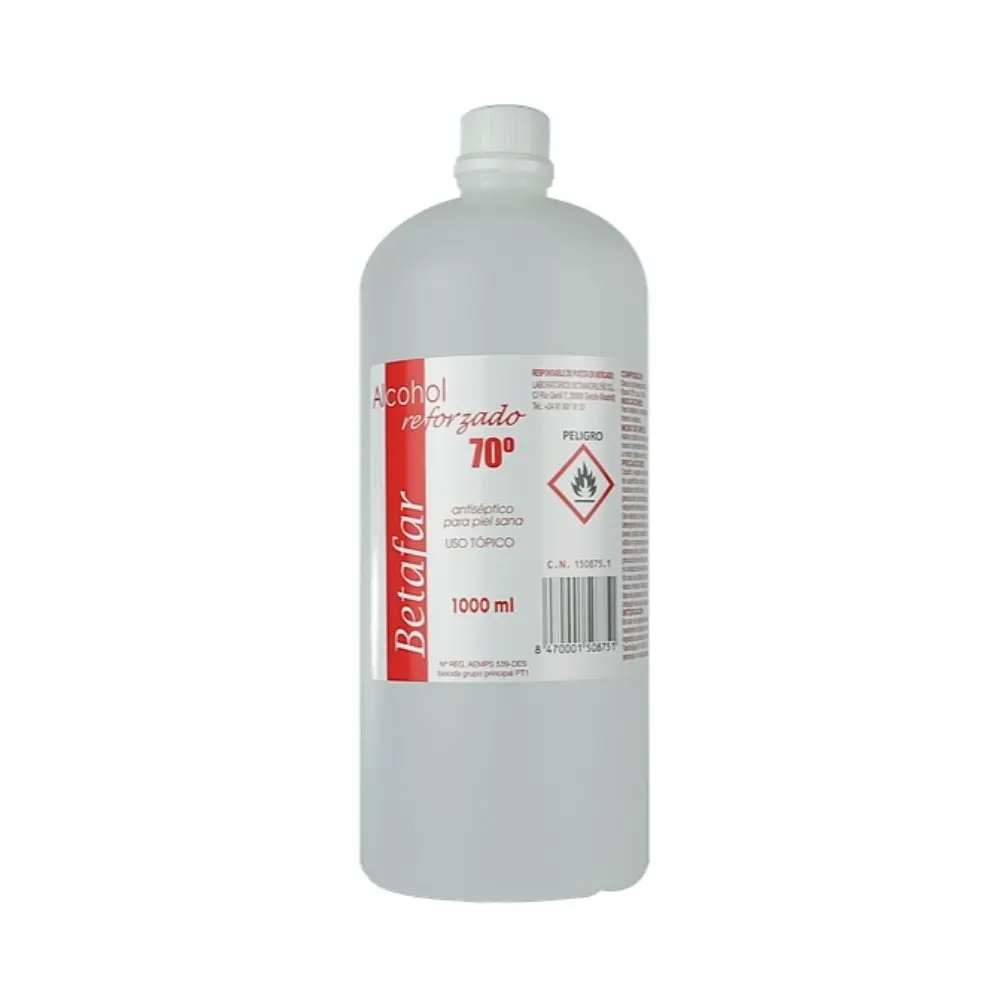 Botella de alcohol etílico 70 grados Betafar de 1 litro, desinfectante de uso externo.