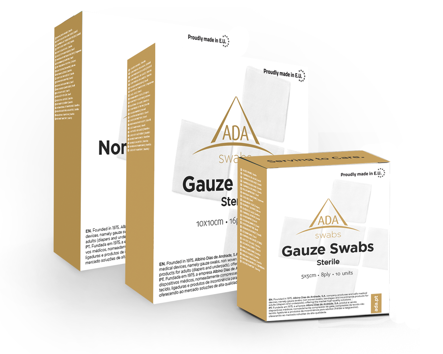 Paquete de gasas estériles ADA SWABS 20 hilos 8 capas, disponibles en formatos de 25, 50 y 100 unidades.