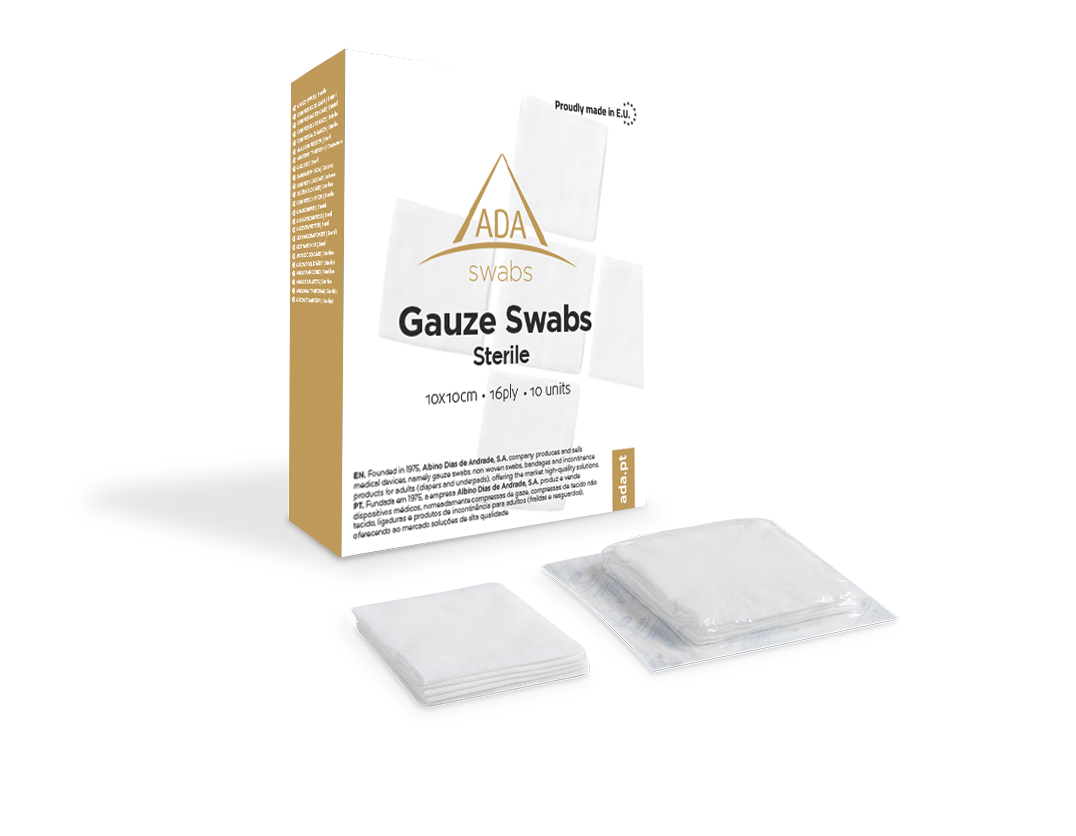 Paquete de gasas estériles ADA SWABS 20 hilos 8 capas, disponibles en formatos de 25, 50 y 100 unidades.