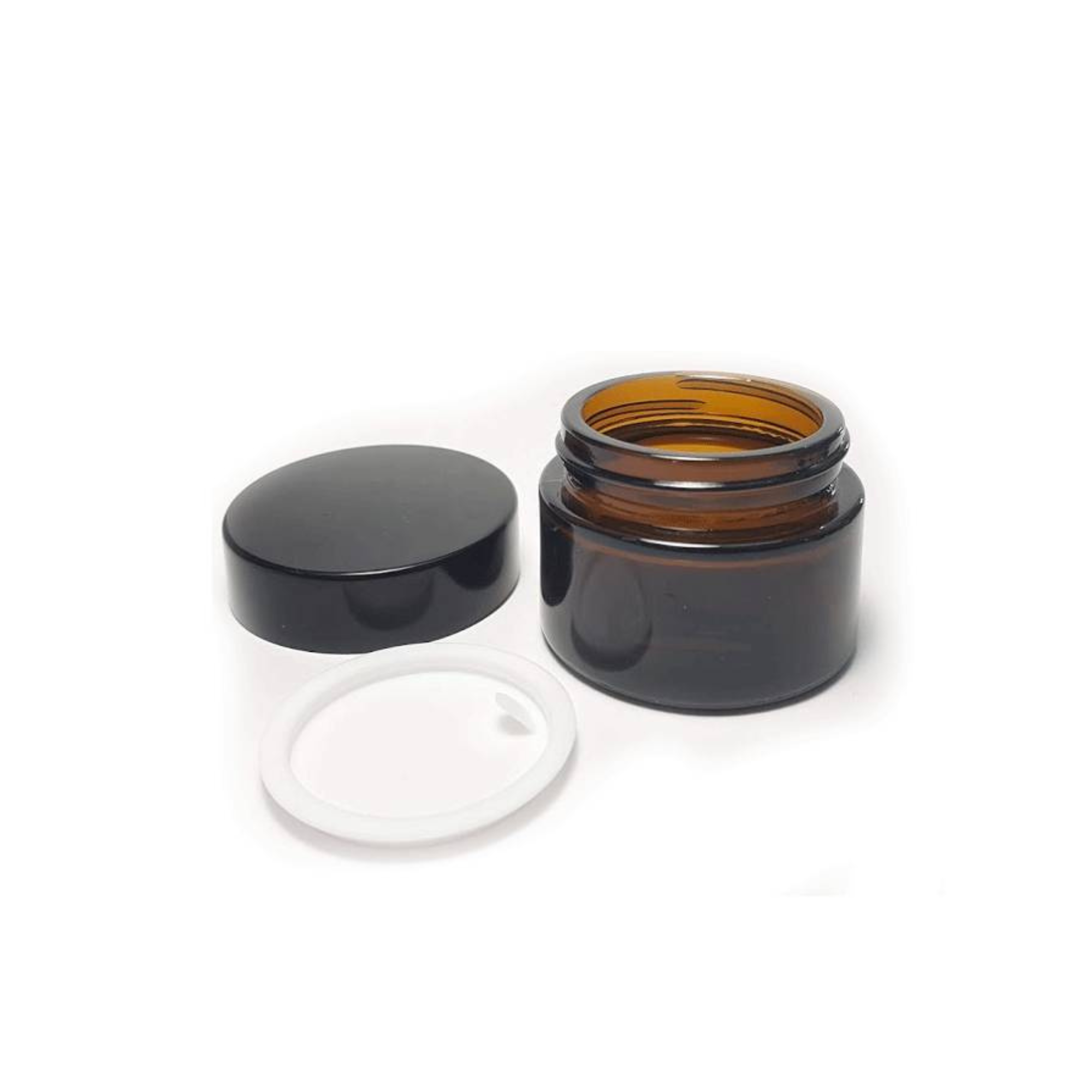 Tarro de vidrio ámbar de 50/30 ml con tapa negra y obturador, ideal para cremas y cosméticos.