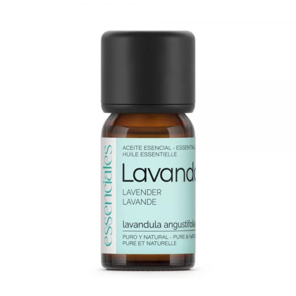 Aceite esencial de lavanda 100% puro en botella de 10ml, ideal para aromaterapia y cuidado de la piel.