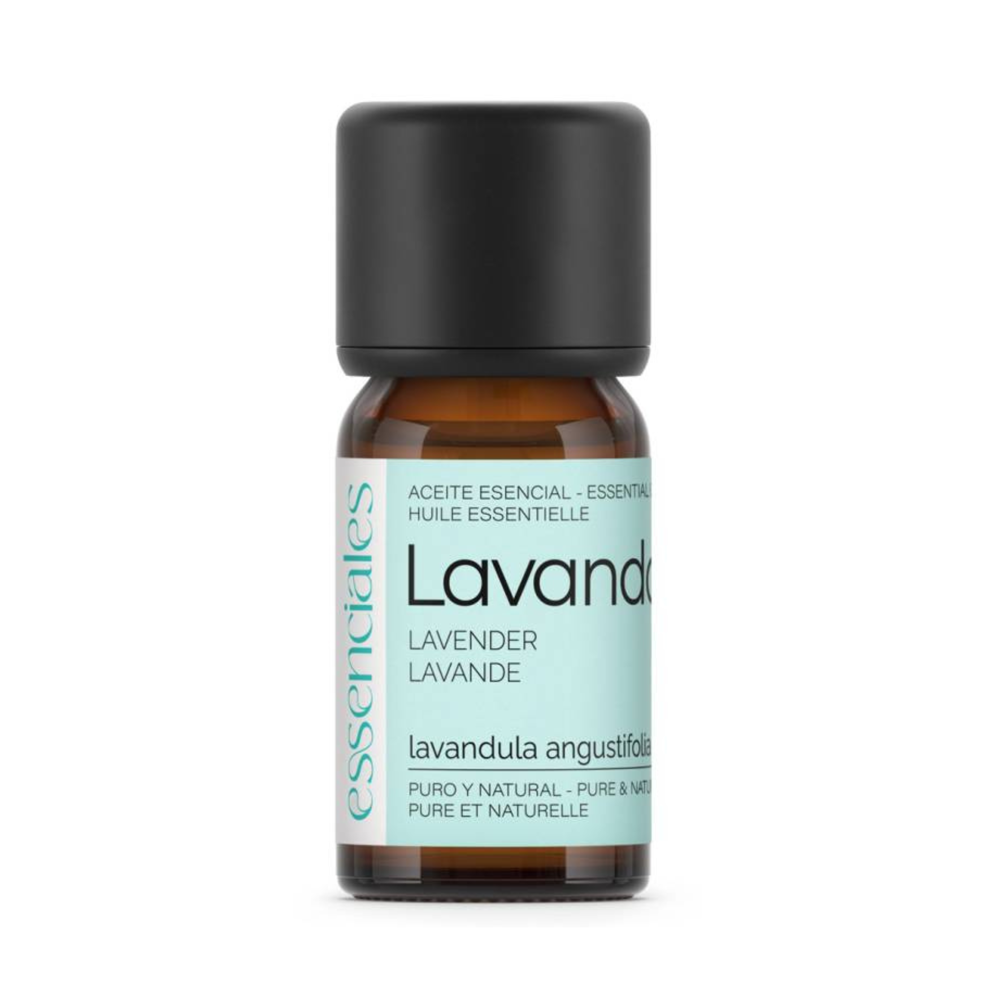 Aceite esencial de lavanda 100% puro en botella de 10ml, ideal para aromaterapia y cuidado de la piel.