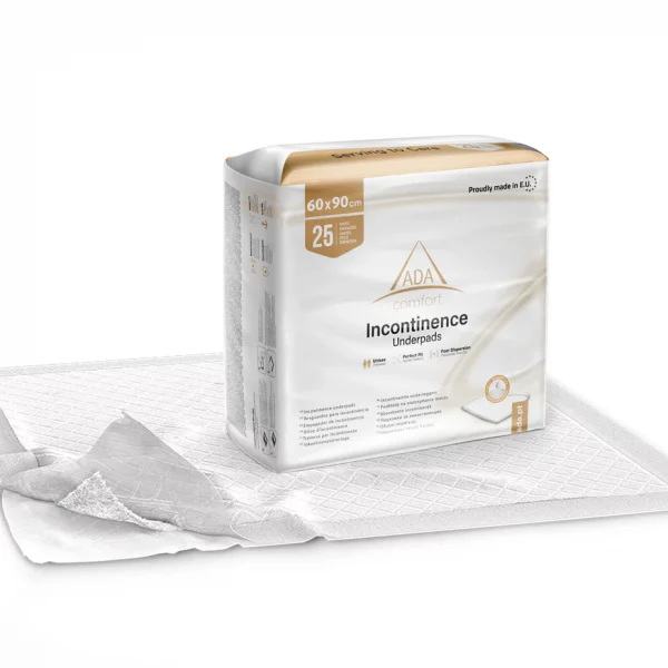 Empapadores desechables ADA COMFORT 60x90/60x60 cm, alta absorción y protección. Paquete de 25 unidades, ideales para incontinencia y protección de superficies.