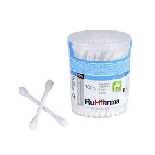 Bastoncillos de Oído RuHfarma 100% Algodón en envase de 100 unidades, ideales para la limpieza externa del oído.