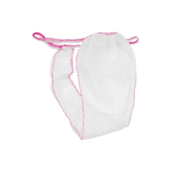 Tanga desechable para mujer blanco con ribete rosa, 50 unidades. Ideal para entornos clínicos, hospitalarios y estéticos.