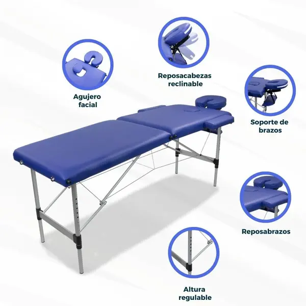 Camilla de Masaje Plegable con Reposacabezas - Portátil, Aluminio, 186x60 cm, Azul