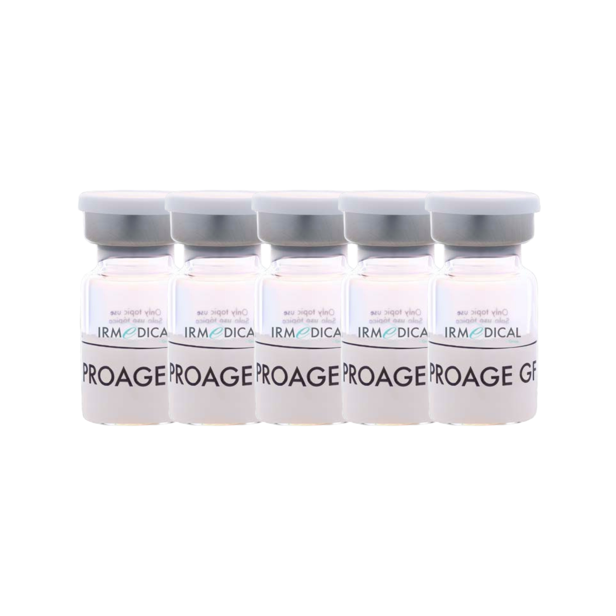 Viales de PROAGE GF (5 unidades de 5 ml) para tratamiento facial antienvejecimiento con factores de crecimiento.