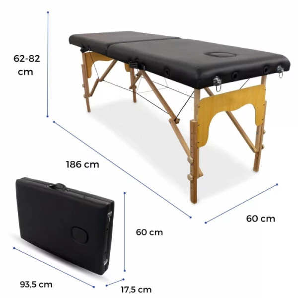 Camilla de madera plegable para masajes en color negro, con estructura resistente y altura regulable.