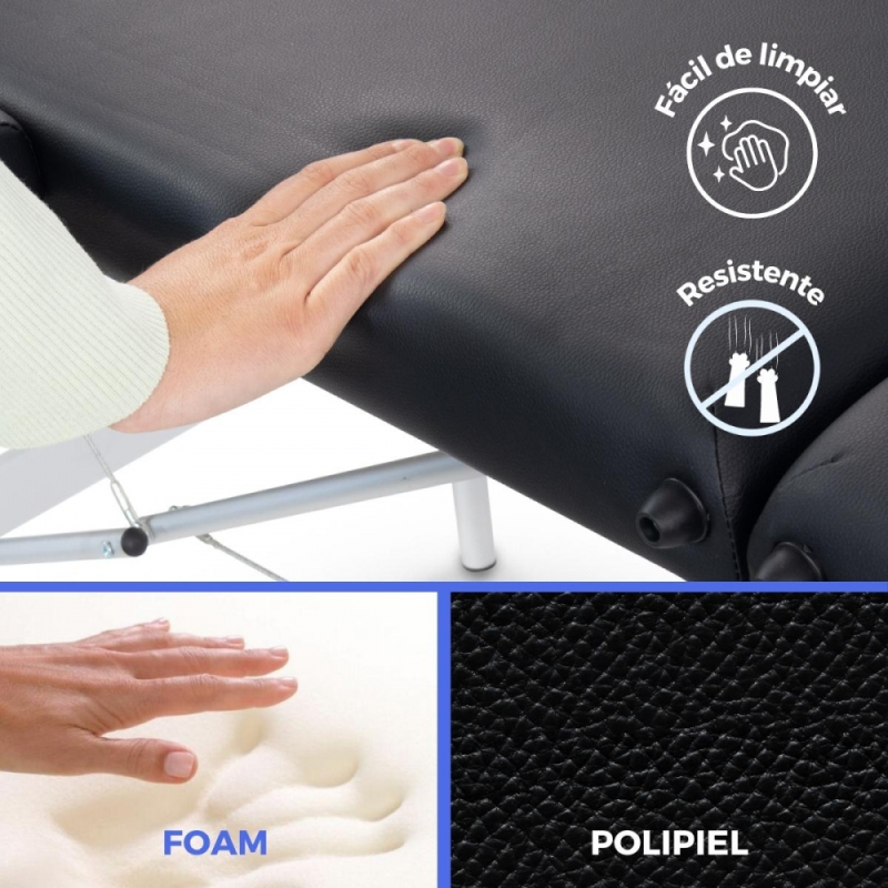 Camilla de madera plegable para masajes en color negro, con estructura resistente y altura regulable.
