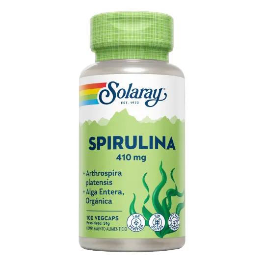 Spirulina Solaray 410 mg – suplemento natural de alga verde azulada en cápsulas vegetales