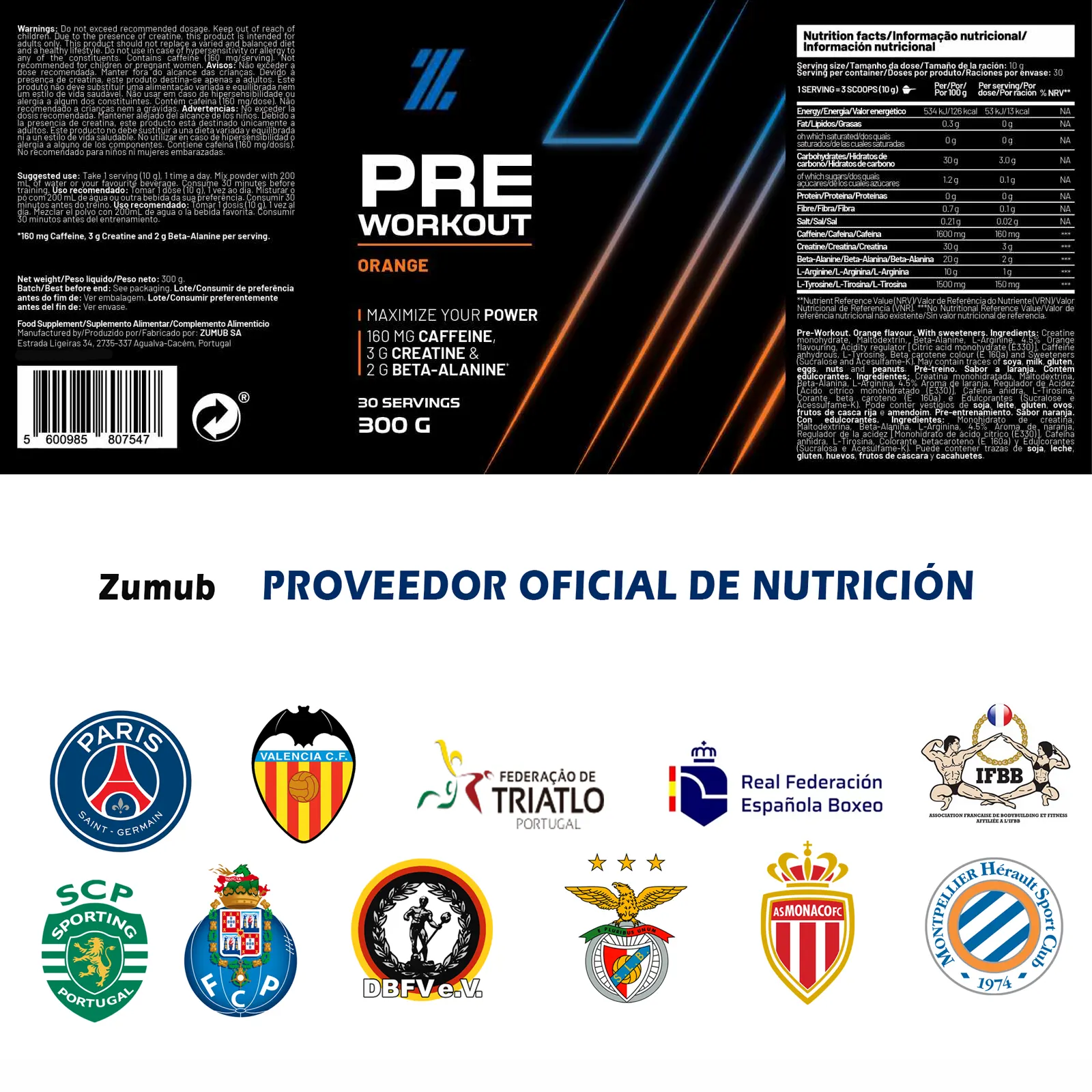 Pre-Workout Suplemento Energético en Polvo 300g, sabor naranja, ideal para potenciar el rendimiento antes del ejercicio.