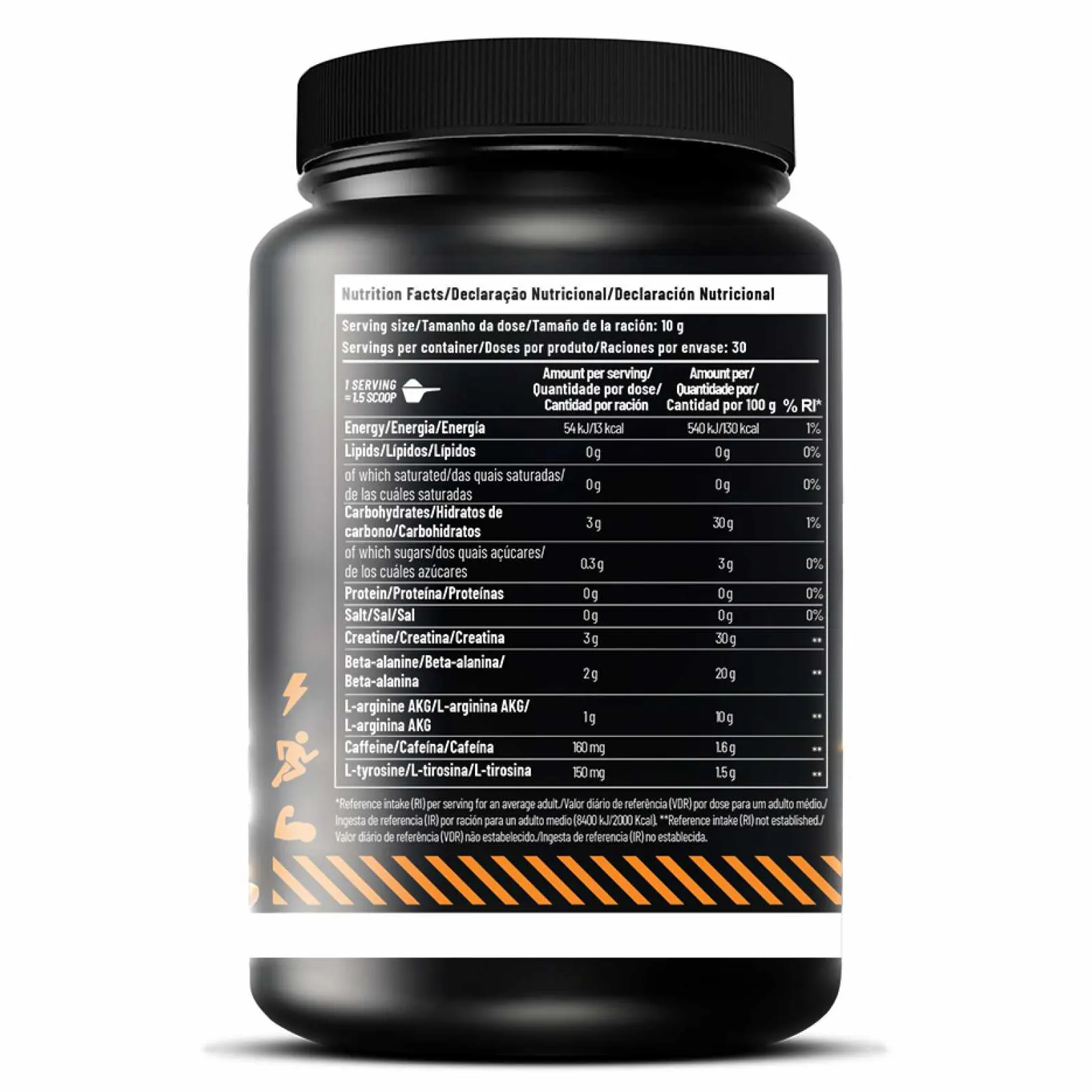 Pre-Workout Suplemento Energético en Polvo 300g, sabor naranja, ideal para potenciar el rendimiento antes del ejercicio.