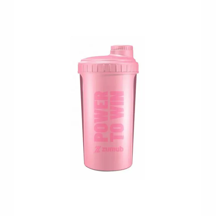 Shaker Power To Win 700 ML en color negro y rosa, diseñado para mezclar suplementos de manera eficiente.