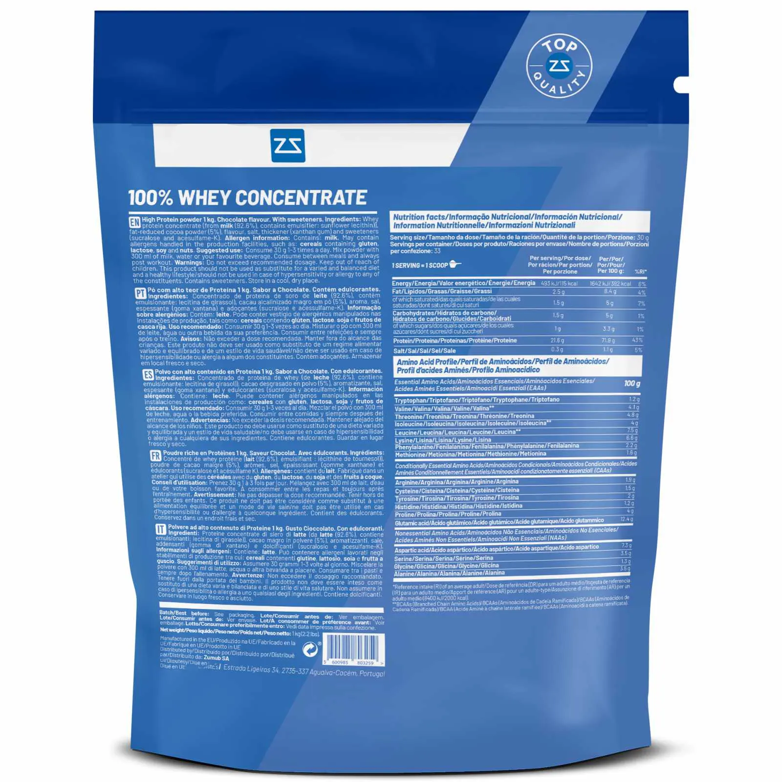 100% Whey Concentrate 1 kg, proteína de suero de leche en polvo con sabor a café.