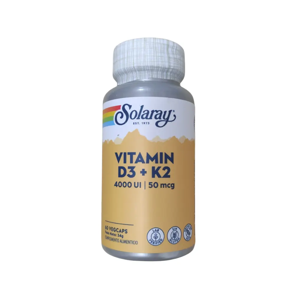 Bote de Solaray Vitamina D3 4000 UI + K2 | 60 cápsulas vegetales | Apto para veganos