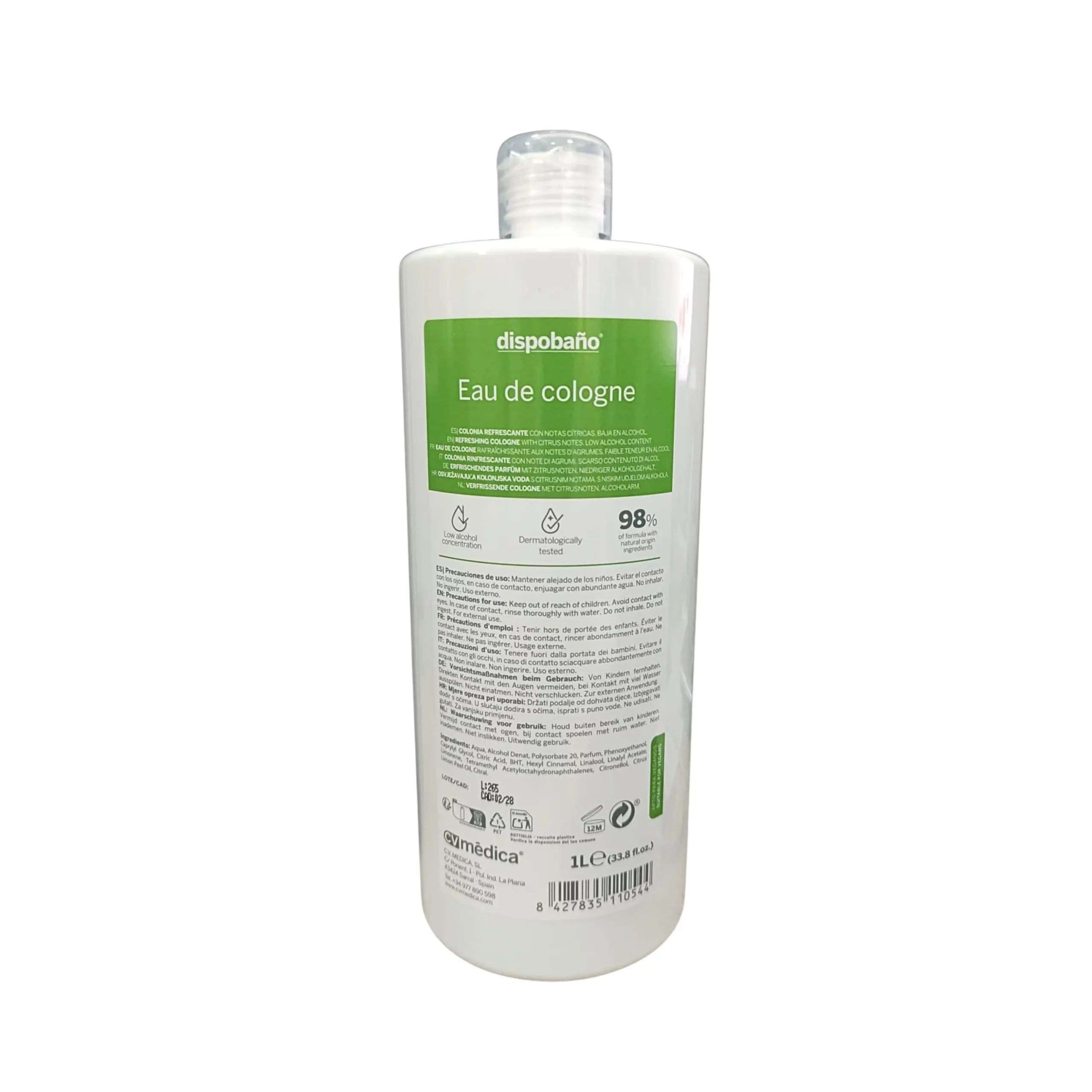 Agua de Colonia CV Médica 1L fresca para uso profesional y doméstico