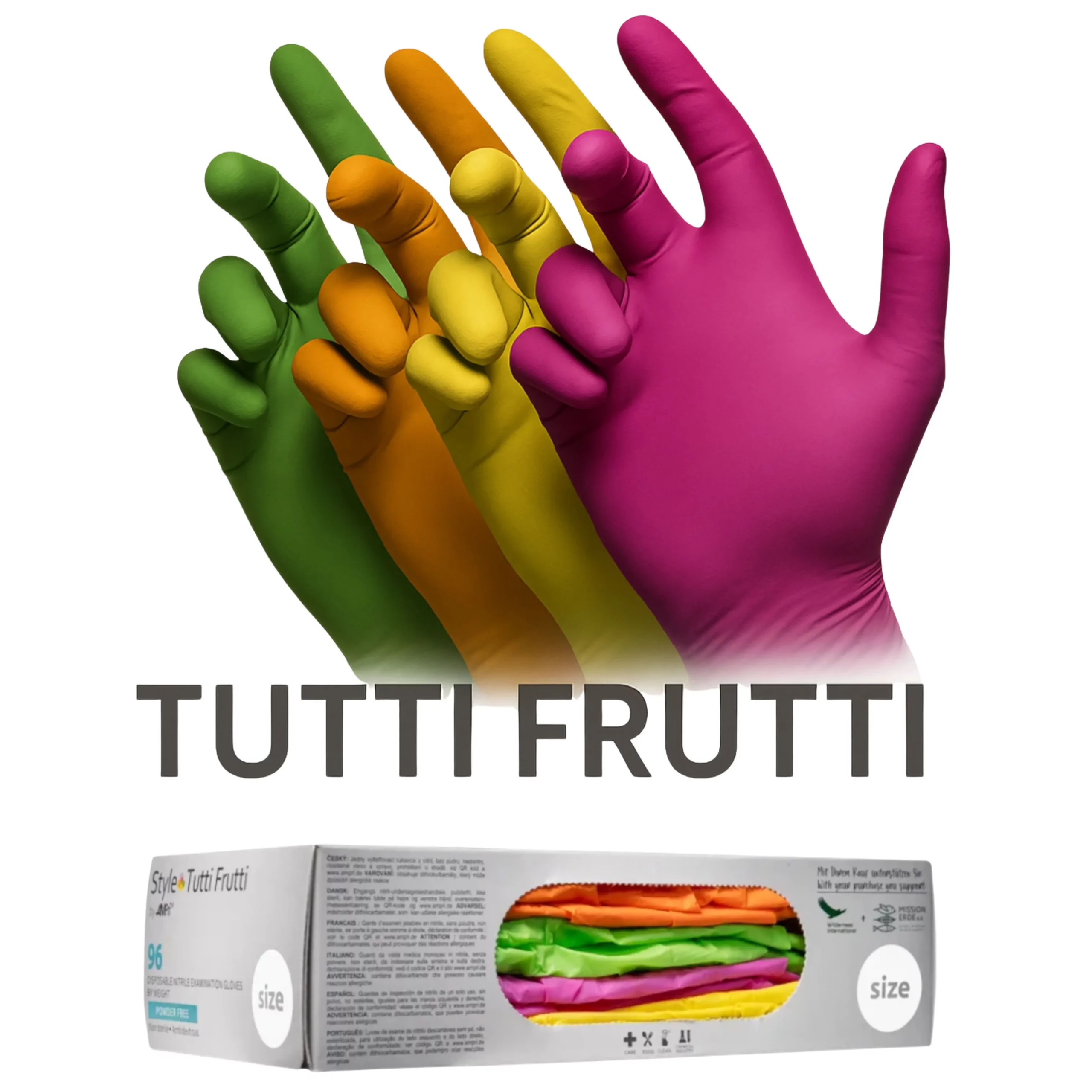 Guantes de Nitrilo Tutti Frutti – Caja 100 unidades, colores surtidos, sin látex