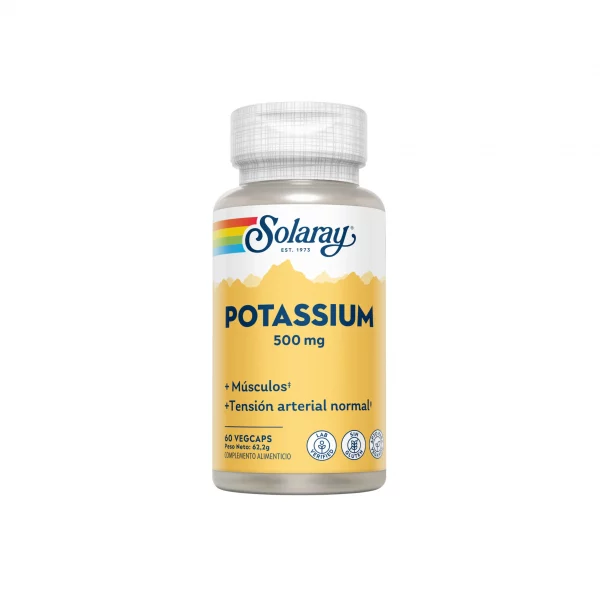 Potasio de Alta Dosis 500 mg Solaray 60 cápsulas veganas para equilibrio electrolítico y función muscular