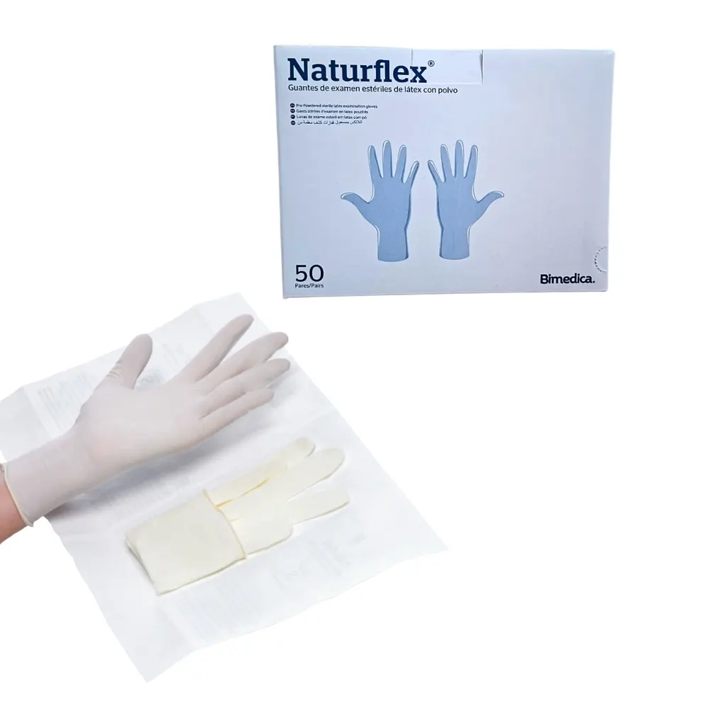 Guante de látex estéril con polvo Vimifar para examen médico caja 50 unidades.