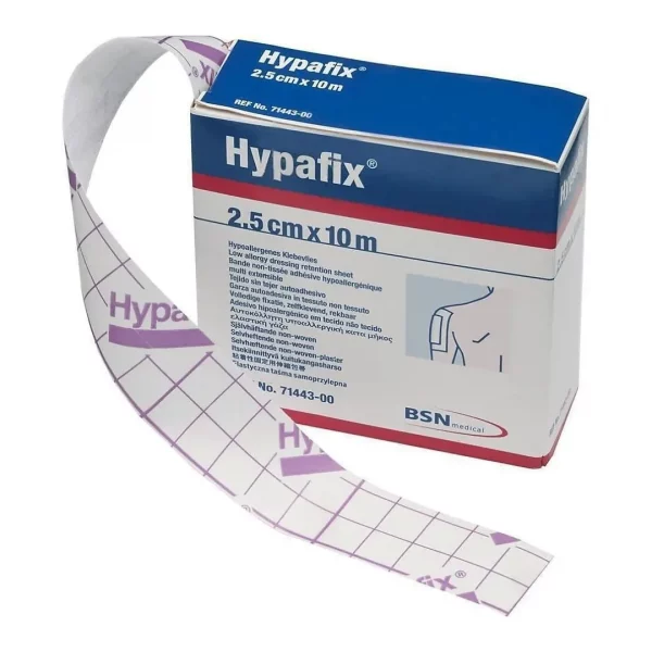 Esparadrapo elástico Hypafix Leukomed 2,5cm x 10m para fijación hipoalergénica de apósitos.