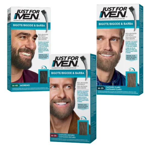 Gama de tintes para barba Just For Men colores Castaño Castaño Oscuro y Moreno con cepillo aplicador.