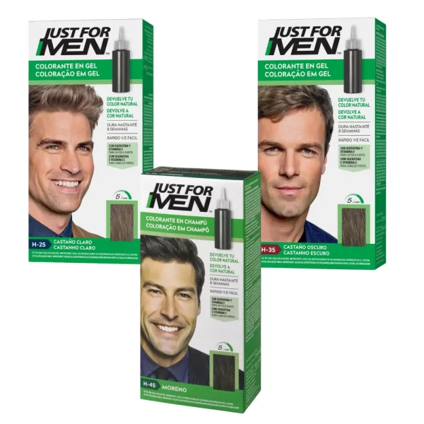 Gama de tintes en gel Just For Men para cabello tonos Castaño, Castaño Oscuro y Moreno.
