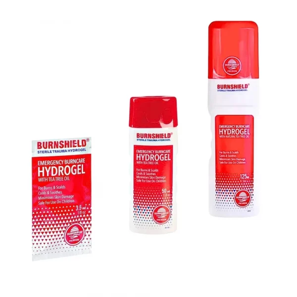 Gama de hidrogel Burnshield para quemaduras en formatos de sobre 3,5 ml, bote 50 ml y spray 125 ml.
