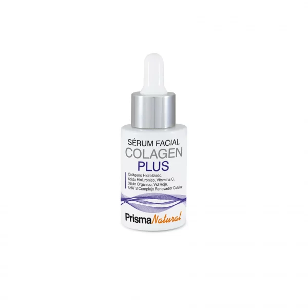 Bote de cristal de Serum Colagen Plus Prisma Natural 30ml con dosificador.