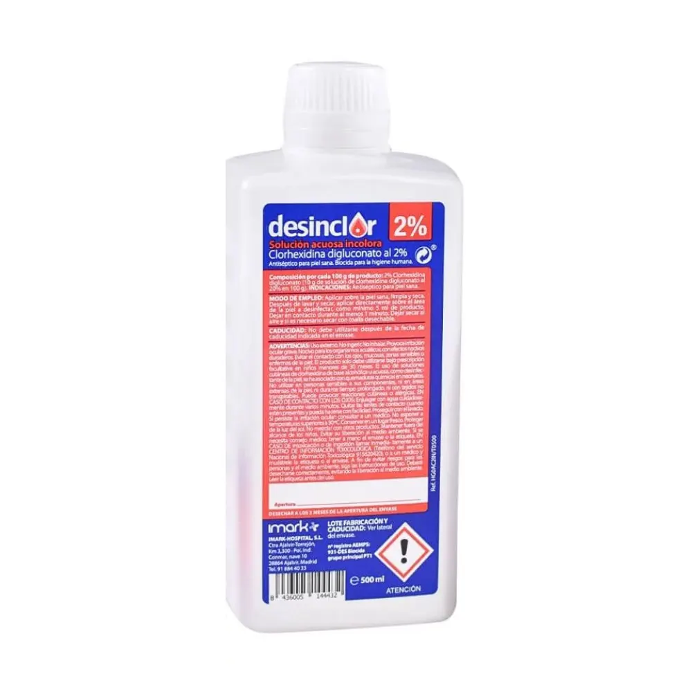 Botella de 500ml de Clorhexidina 2% Incolora de Imark con etiqueta azul.